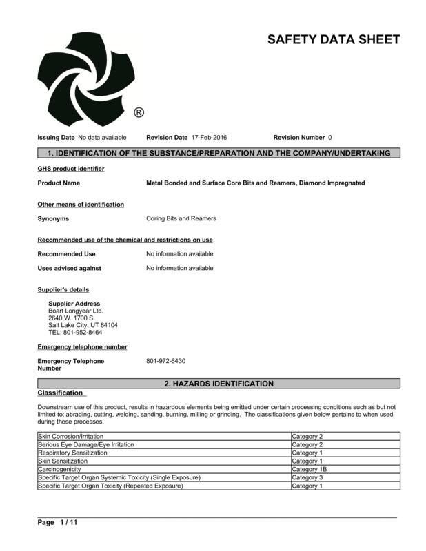 WPS-BOA-001_Metal Bonded and Surface Core Bits and Reamers, Diamond Impregnated_US GHS SDS_DRAFT_02_16_2016.pdf