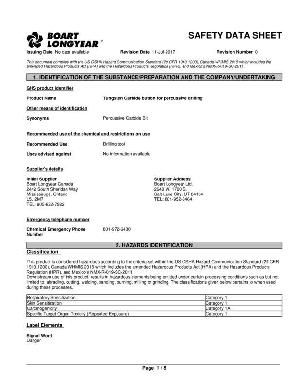 WPS-BOA-002_Tungsten Carbide button for percussive drilling_NA GHS SDS.pdf